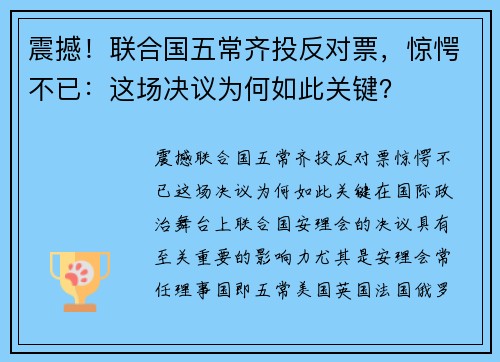 震撼！联合国五常齐投反对票，惊愕不已：这场决议为何如此关键？