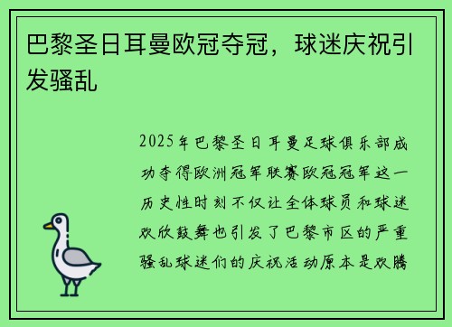 巴黎圣日耳曼欧冠夺冠，球迷庆祝引发骚乱
